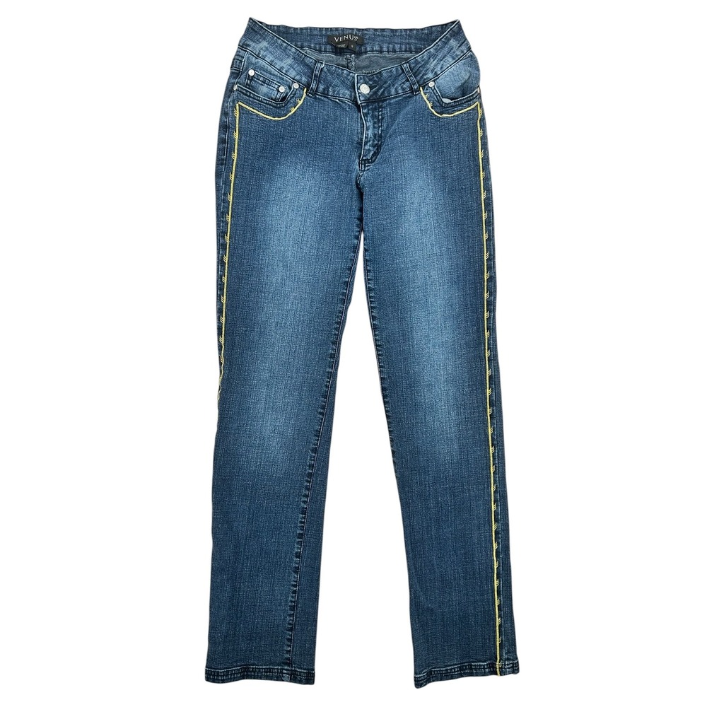 Venus Jeans Womens 12 Blue Denim Yellow Contrast Stitch Straight Leg Stretch